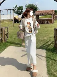 루루가−  （米妮套装）韩国东大门冬新加绒花边米奇蕾丝卫衣+半裙套装