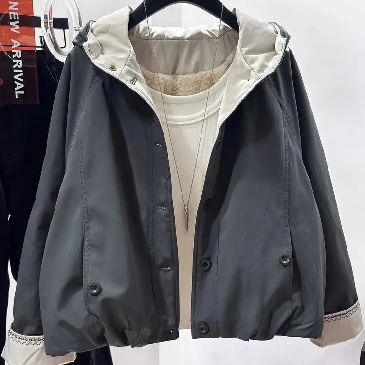 加棉加厚秋冬新款连帽短款宽松长袖时尚百搭潮流拼接外套
