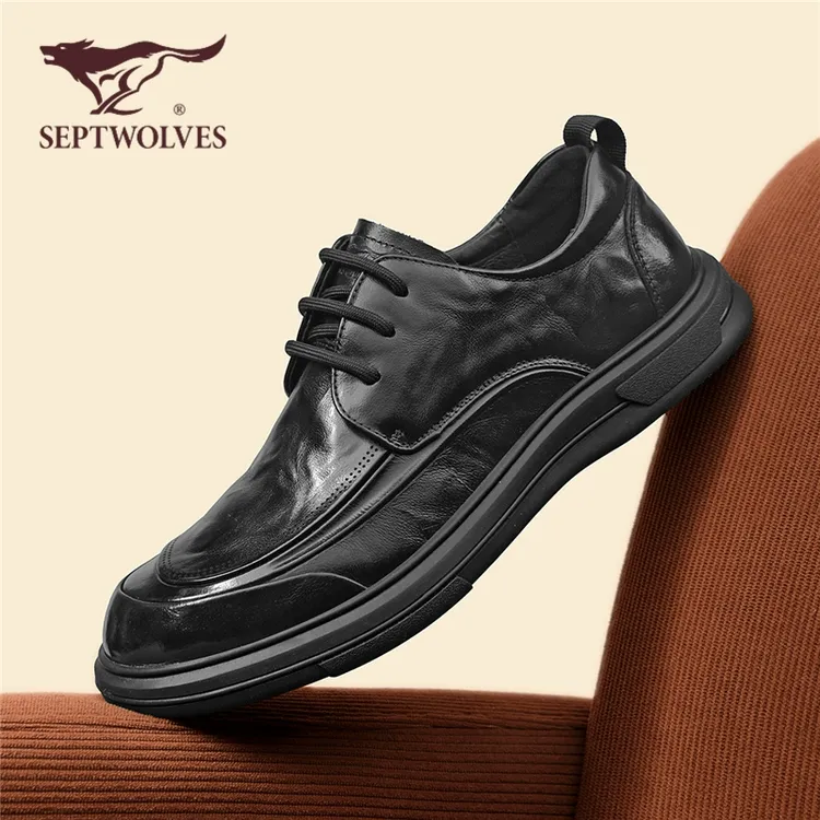 七匹狼头层牛皮商务英伦上班新款全黑低帮鞋子软面休闲男皮鞋0803商品图