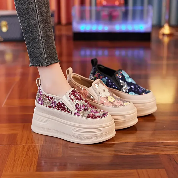 亮片鸳鸯花朵9CM增高厚底一脚蹬休闲鞋女鞋韩版时尚透气运动百搭