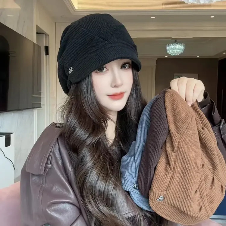 捏褶显脸小堆堆帽大小头围百搭帽檐抽绳韩系大头围冷帽包头帽潮女