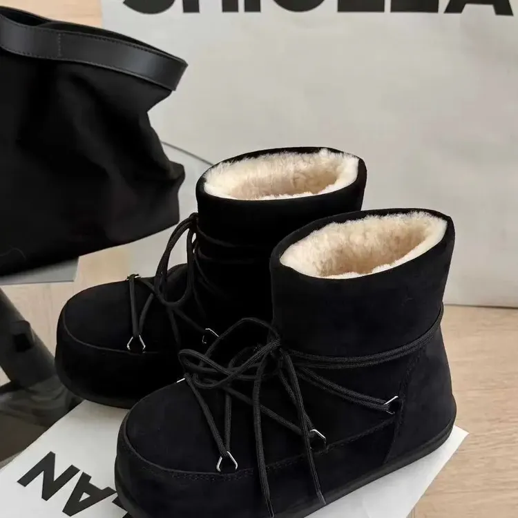 诗歌兰正品雪地靴2025冬牛皮羊毛系带圆头厚底增高面包鞋雪地靴棉