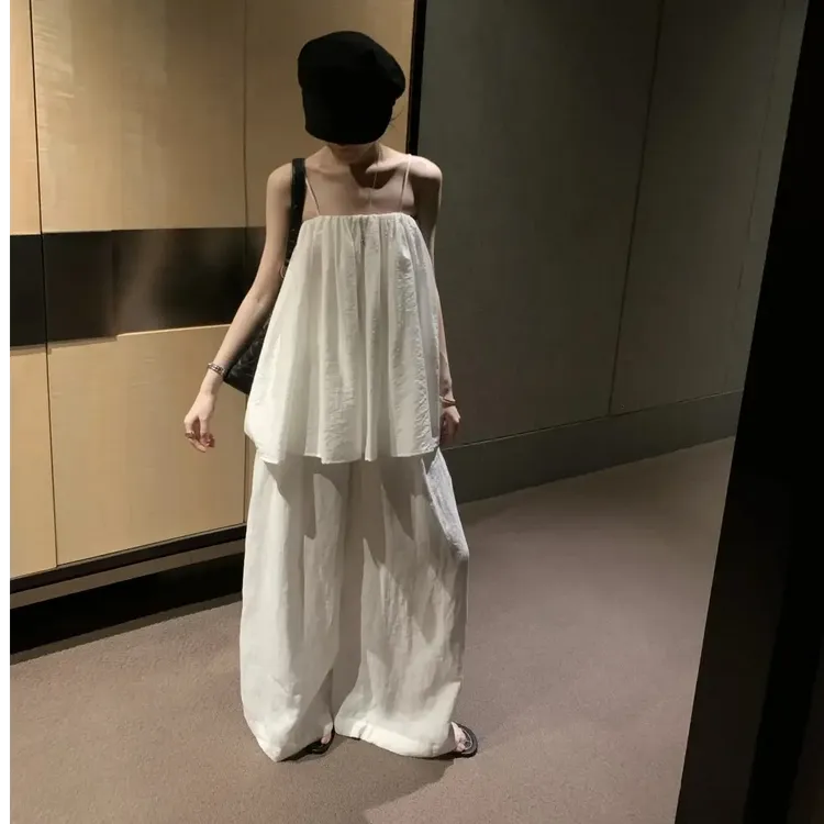 套装女装洋气时髦气质慵懒松弛感宽松吊带上衣宽松阔腿拖地长裤