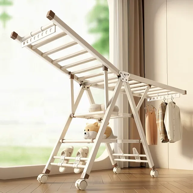 奶油风折叠晾衣架阳台家用室内落地凉晒挂衣防风凉衣杆户外晒被子