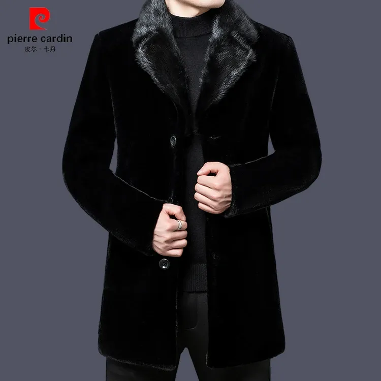 【皮尔卡丹国际名牌】高档男士中长款水貂领毛呢大衣冬季抗寒保暖