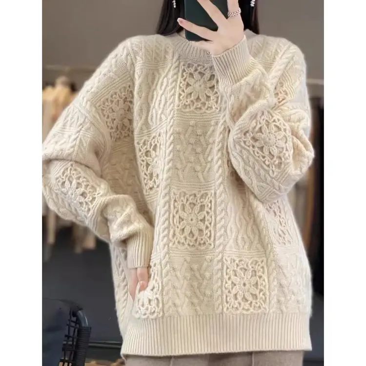 白家【100羊毛】花开富贵重工秋冬慵懒风钩花编织上衣时尚百搭设计