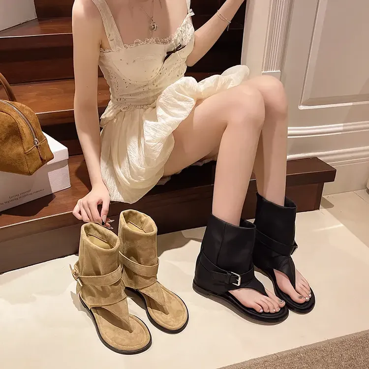 时尚休闲夏季真皮靴子防滑中跟英伦弹力百搭复古外穿粗跟厚底高跟