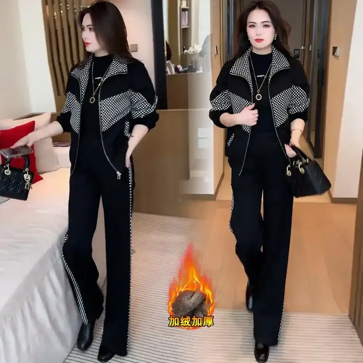 加绒加厚休闲套装女冬季新款时尚格子拼接立领外套阔腿裤两件套潮