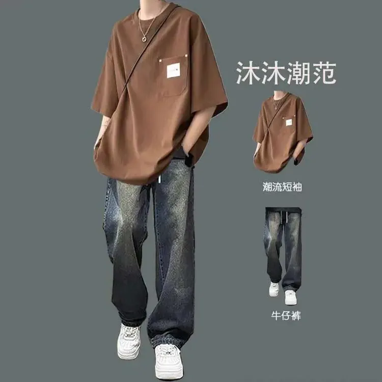 美式短袖t恤男夏季套装港风宽松设计感体恤衫穿搭配牛仔裤两件套