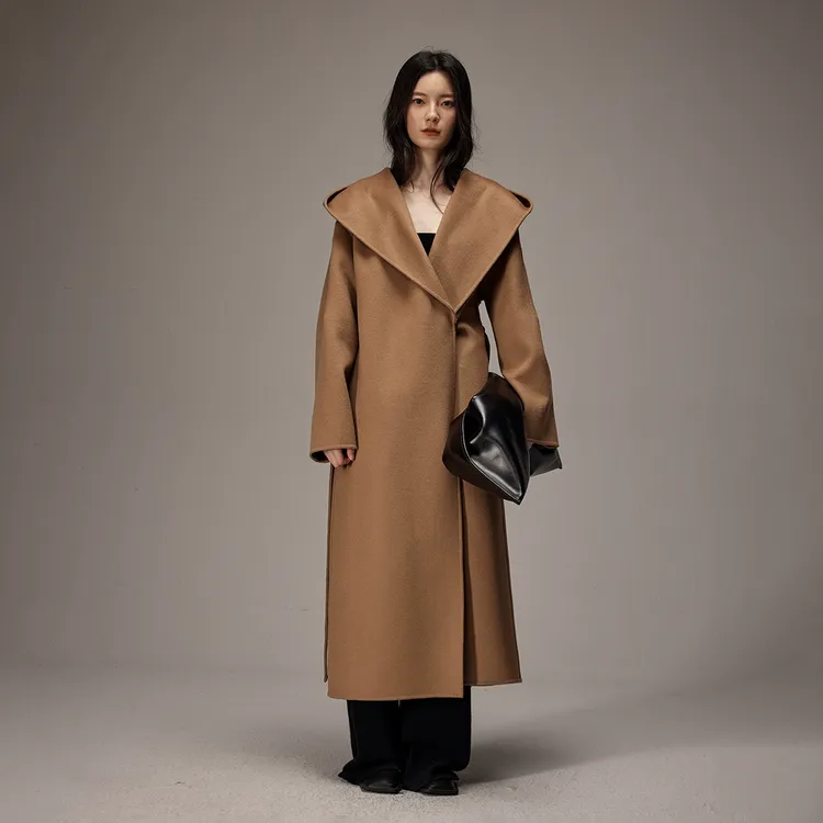 INOUTHRQ 新款100羊毛高支连帽双面羊毛大衣女呢子外套冬季