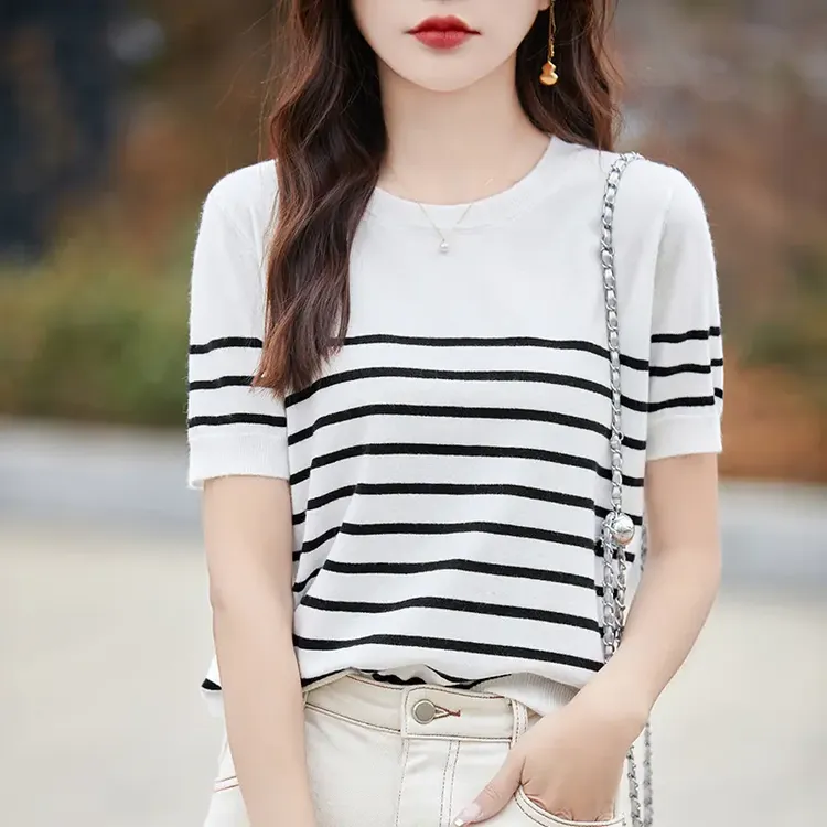 短袖条纹T恤女套头夏季宽松上衣百搭显瘦针织衫打底薄款时尚半袖