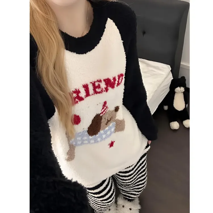 韩系腊肠狗印花半边绒睡衣女冬季新款针织保暖家居服两件套可外穿