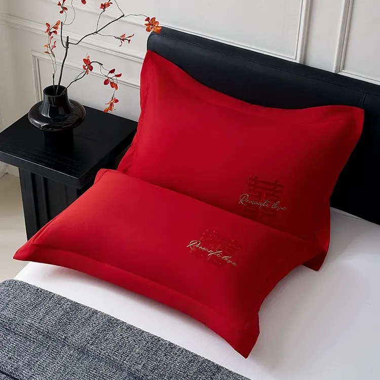 结婚专用喜庆大红色枕头套婚庆枕芯刺绣枕套一整套一对装48*74cm
