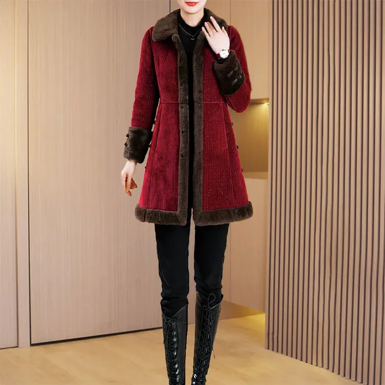 拉夏贝尔红色贵妇人本命年外套女春秋冬季加绒加厚中长款妈妈大衣