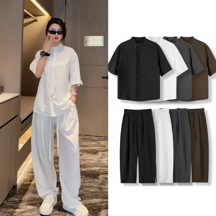 【48小时发货】冰丝短袖衬衫夏季免烫男士薄款纯色衬衣休闲裤两件套