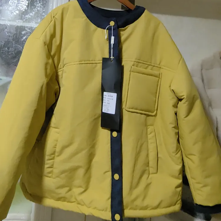 冬季韩版宽松大码牛仔拼接圆领夹棉女外套慵懒松弛风格