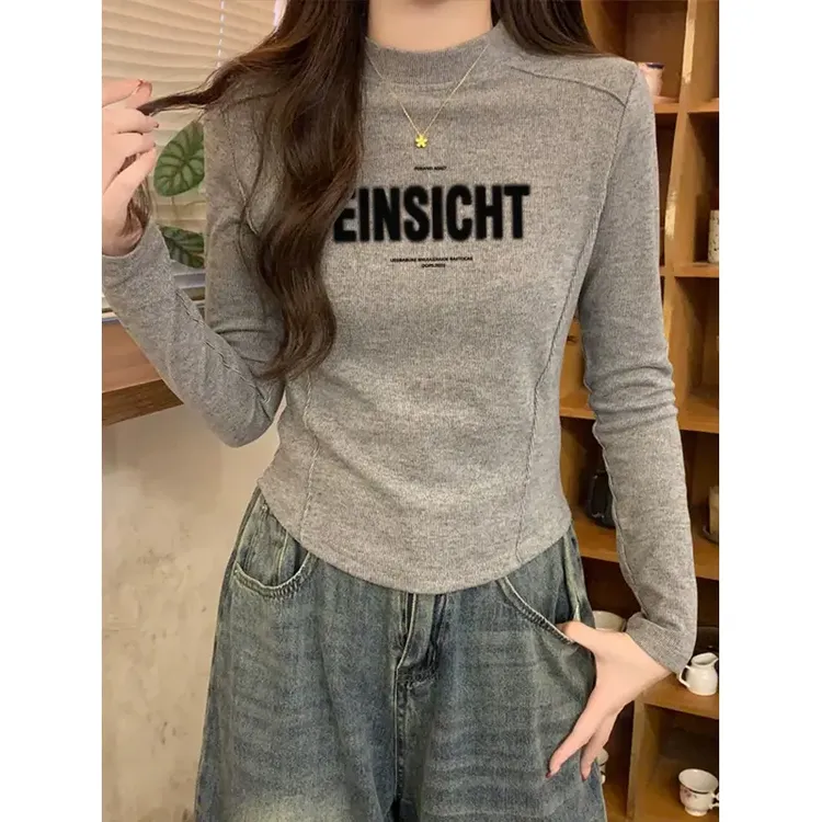 新款德绒保暖长袖T恤女2025秋冬显瘦半高领设计感弧形下摆打底衫