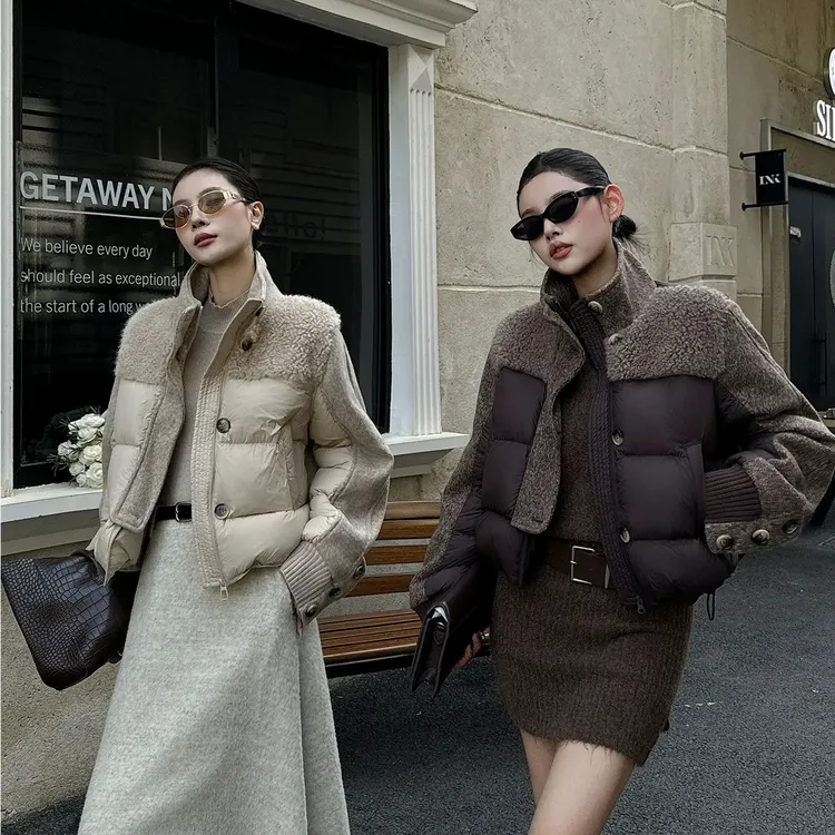 羊羔毛拼接立领韩版短款加厚保暖白鸭绒女冬季新款