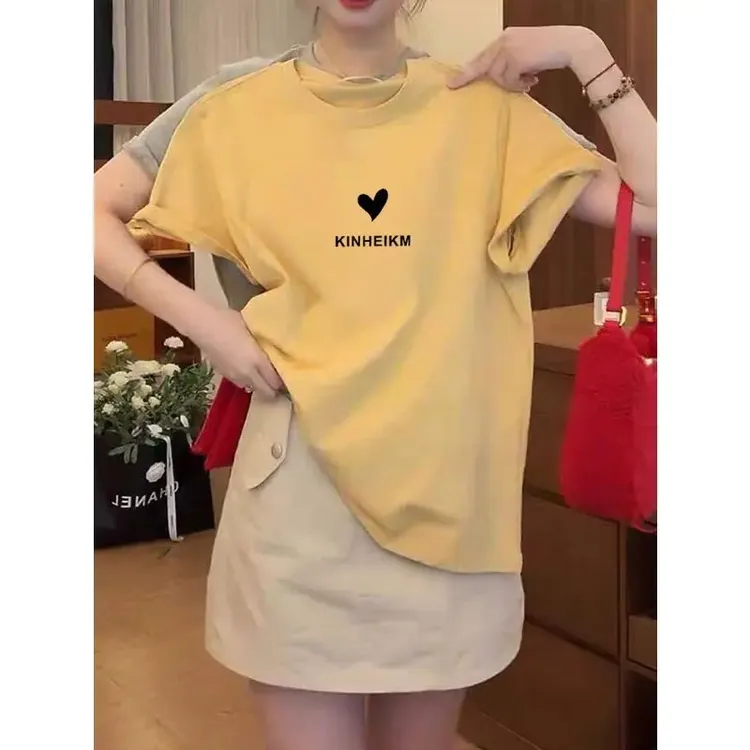 小众新款正肩短袖t恤女时尚百搭洋气显瘦黄色上衣夏季2025夏季