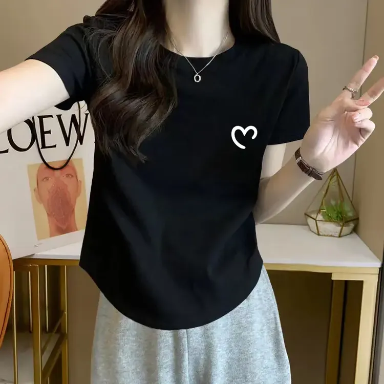 大码胖mm韩版简约修身显瘦短袖T恤女士夏季ins潮圆弧下摆圆领上衣