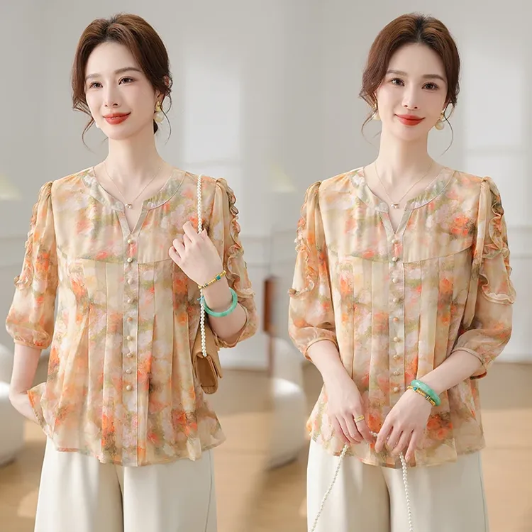 中年妈妈洋气中袖雪纺新款中老年女装阔太太时髦服装上衣时尚高贵