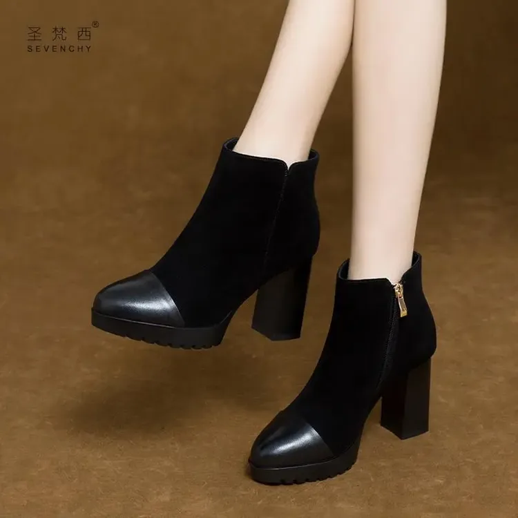 加绒新款秋冬季防水台高跟短靴女粗跟磨砂真皮鞋尖头厚底马丁靴