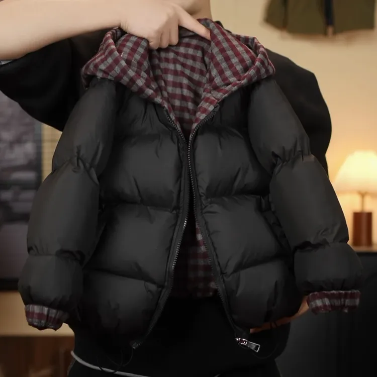儿童双面穿棉服2025冬季新款姐弟款韩版百搭格子上衣时尚潮流棉衣