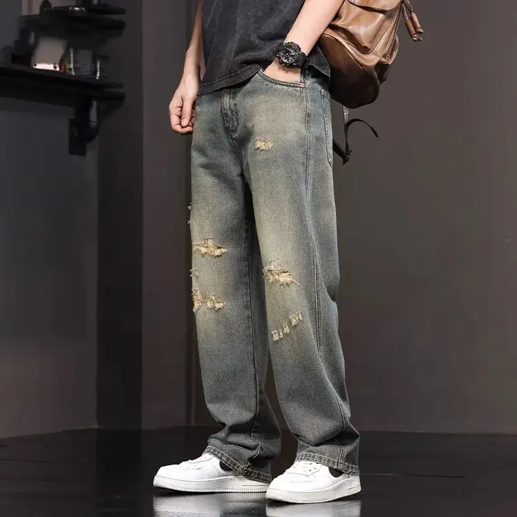 Cebrodz美式破洞牛仔裤男款夏季美式新款直筒宽松阔腿休闲百搭