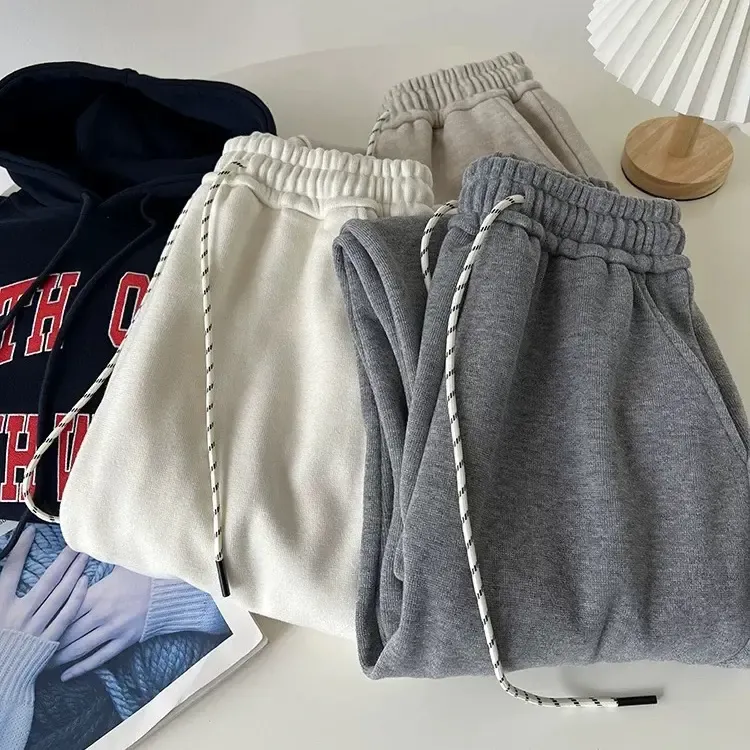 加绒加厚糯米裤女秋冬抽绳松紧腰宽松垂感百搭直筒裤显瘦休闲长裤