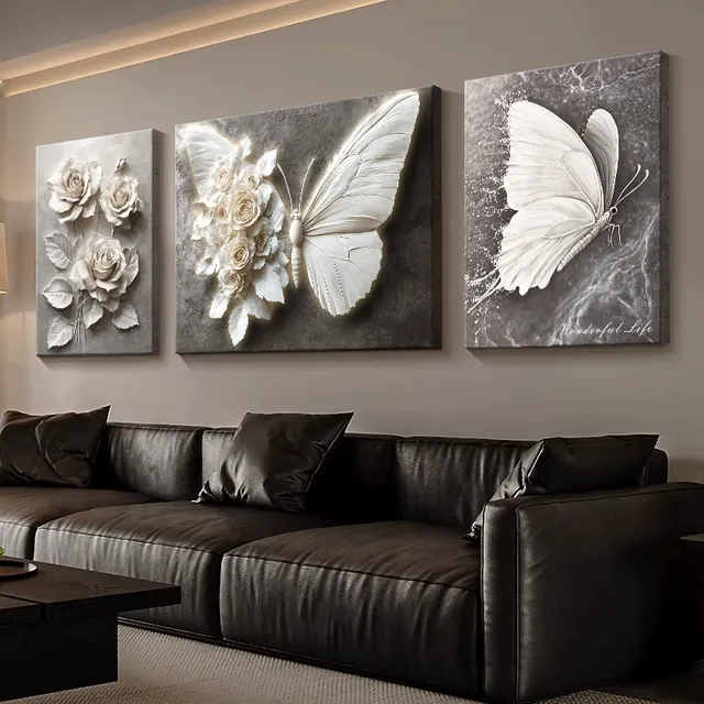 昌狮黑白蝴蝶客厅装饰画抽象2025新款三联画壁画高级感沙发背景墙
