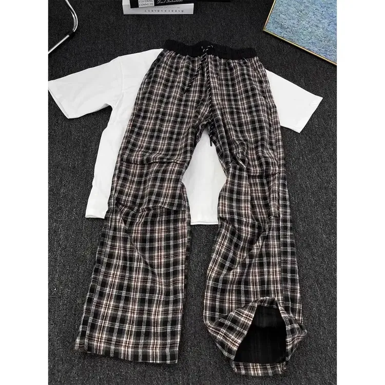 小香风千鸟格子裤子男夏季薄款宽松透气格纹裤松弛感微喇直筒裤