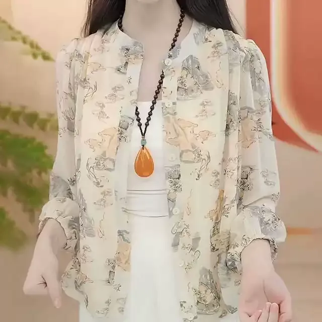 轻薄透气大码雪纺衫2025早秋新款气质百搭七分袖优雅小衫印花上衣