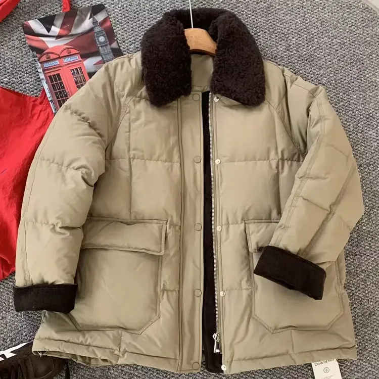 65509女式短款毛领拼接加厚保暖外套