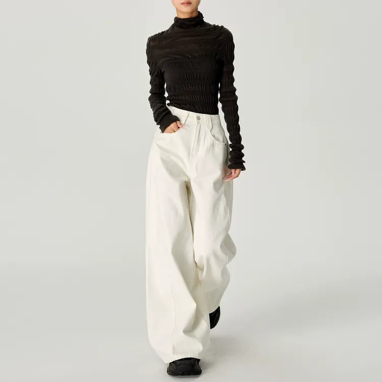 EDX美式复古白色阔腿牛仔裤女春季2025新款高腰拖地长裤宽松裤子