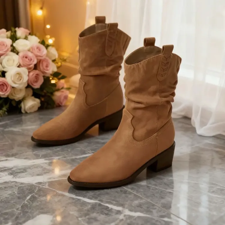 粗跟复古尖头中筒女靴秋冬百搭时尚