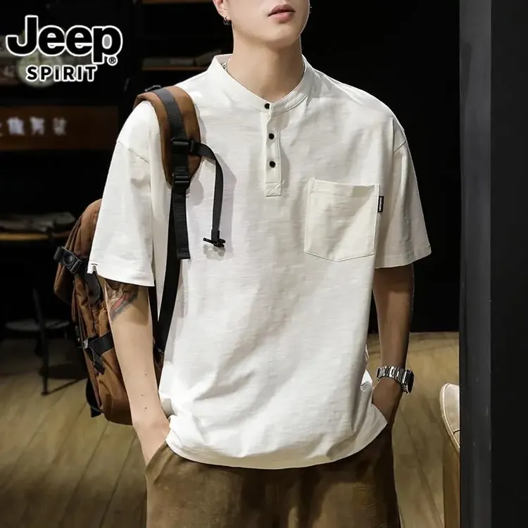 JEEPSPIRIT爆款经典短袖POLO衫夏季竹节棉宽松亨利领阿美咔叽T恤