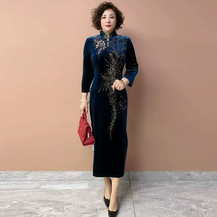 H春季新款高端婚礼妈妈装旗袍裙中长款镶钻钉珠款显瘦礼服连衣裙