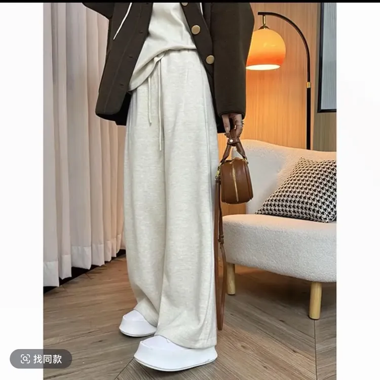 韩系百搭抽绳松紧腰椰奶绒窄版休闲直筒裤弯刀裤