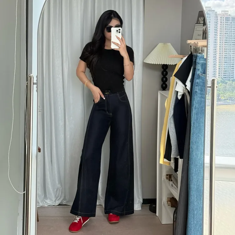 秋冬爆款防褪色美式复古高腰宽松显瘦阔腿拖地牛仔长裤女