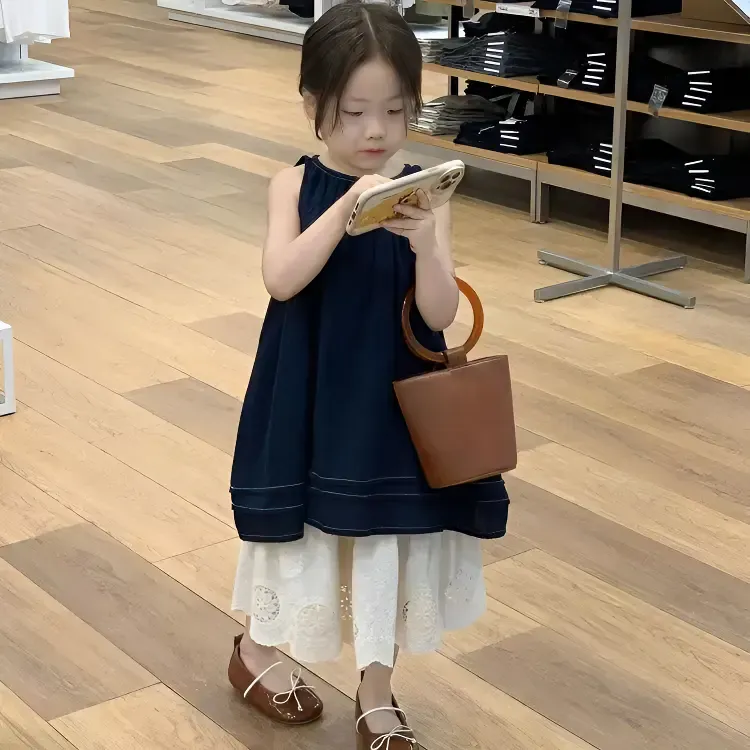 2025女童夏季连衣裙韩版休闲时髦洋气复古纯色背心裙半身长裙套装