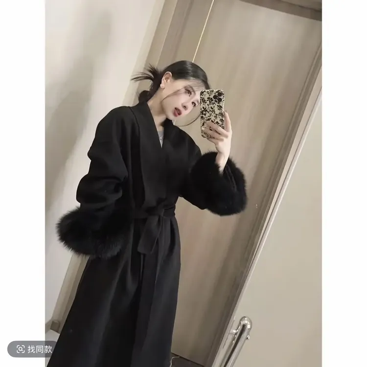 黑色双面羊绒女装2025冬季新赫本风格高端羊毛外套
