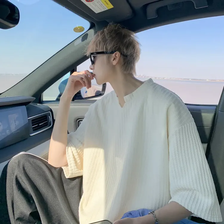 肌理感条纹重磅短袖T恤男夏季日系复古潮牌大码潮流宽松五分半袖