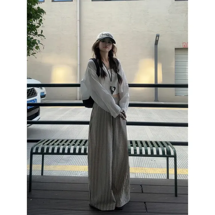 夏季新款防晒衬衫外套开衫短款上衣条纹高腰休闲宽松直筒阔腿长裤