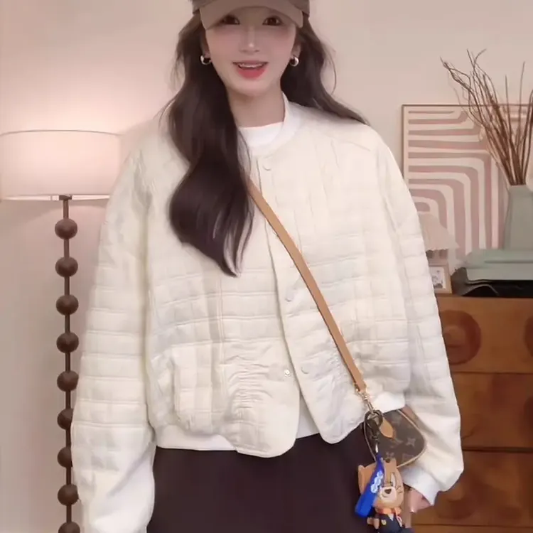 韩系设计感轻薄菱格夹棉短外套女装秋冬新款时尚洋气夹克棉服上衣