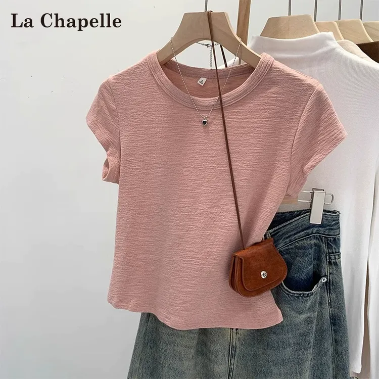 拉夏贝尔高级感超好看正肩短袖T恤女夏季2025新款不撞衫短款上衣