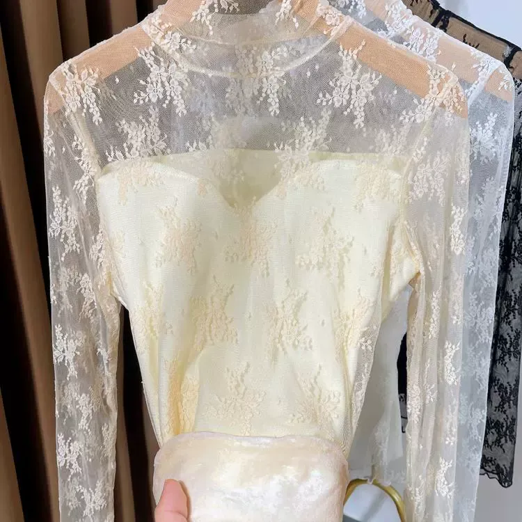 高领加绒蕾丝打底衫女2024新款木耳边高级感叠穿内搭网纱保暖小衫