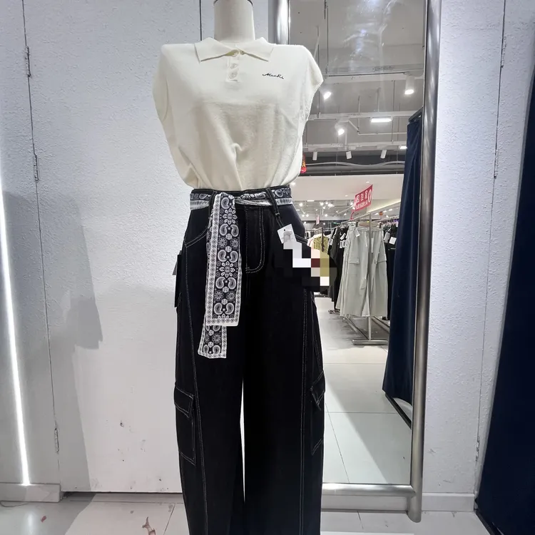 高腰显瘦弯刀阔腿工装裤秋季新款宽松百搭牛仔裤套装阔腿裤设计感