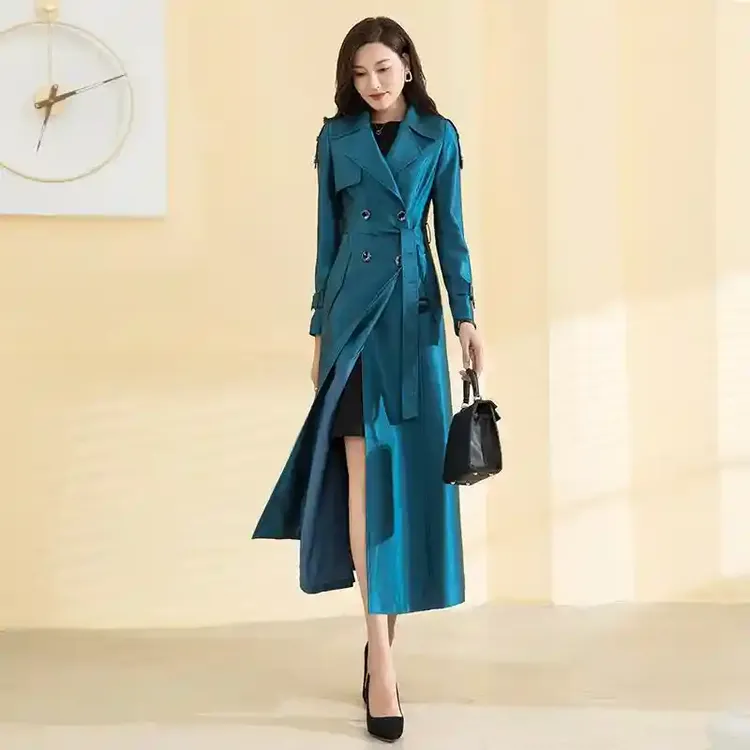 2024新款蓝色流行风衣女中长款西装领气质修身过膝双排扣秋季外套