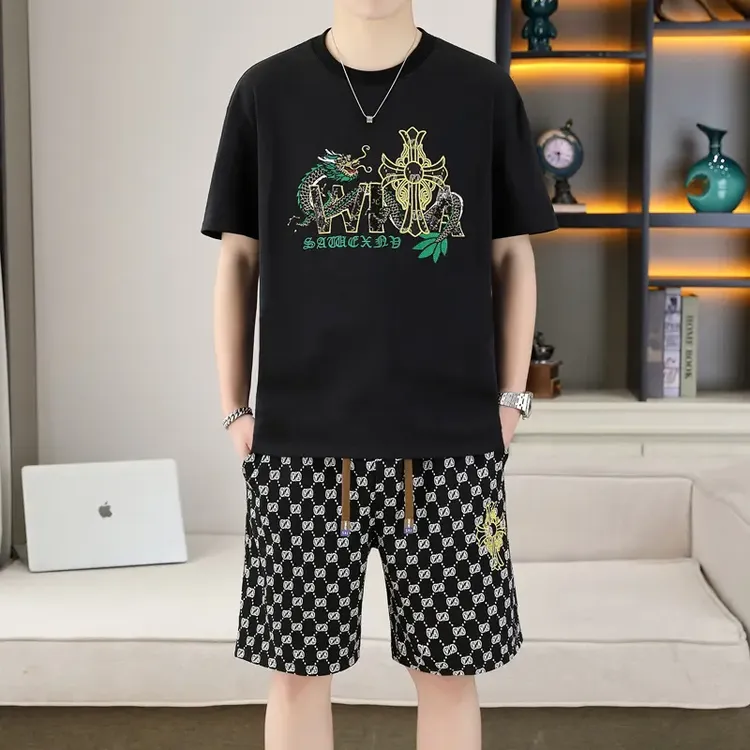 欧货男装刺绣夏季套装青年新款中国风龙时尚男士运动休闲两件套潮
