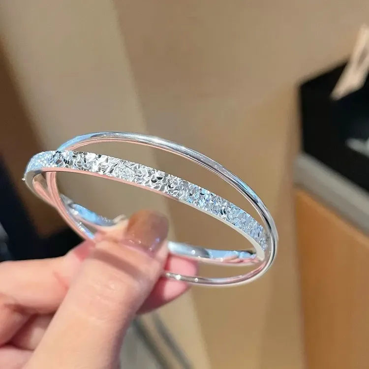 足银手镯 9999纯银双环碎冰冰银手镯女实心闭口银镯子情人礼物